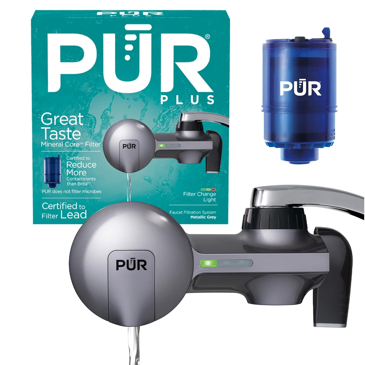 PUR PLUS Faucet Mount Water Filter in chrome finish.