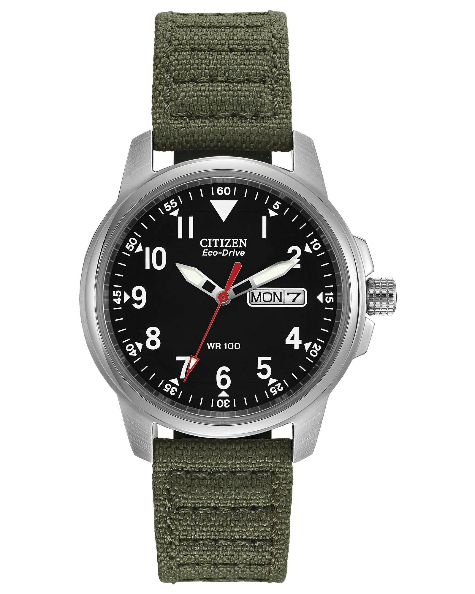 Reloj de campo Citizen Eco-Drive Chandler con correa de lona verde.