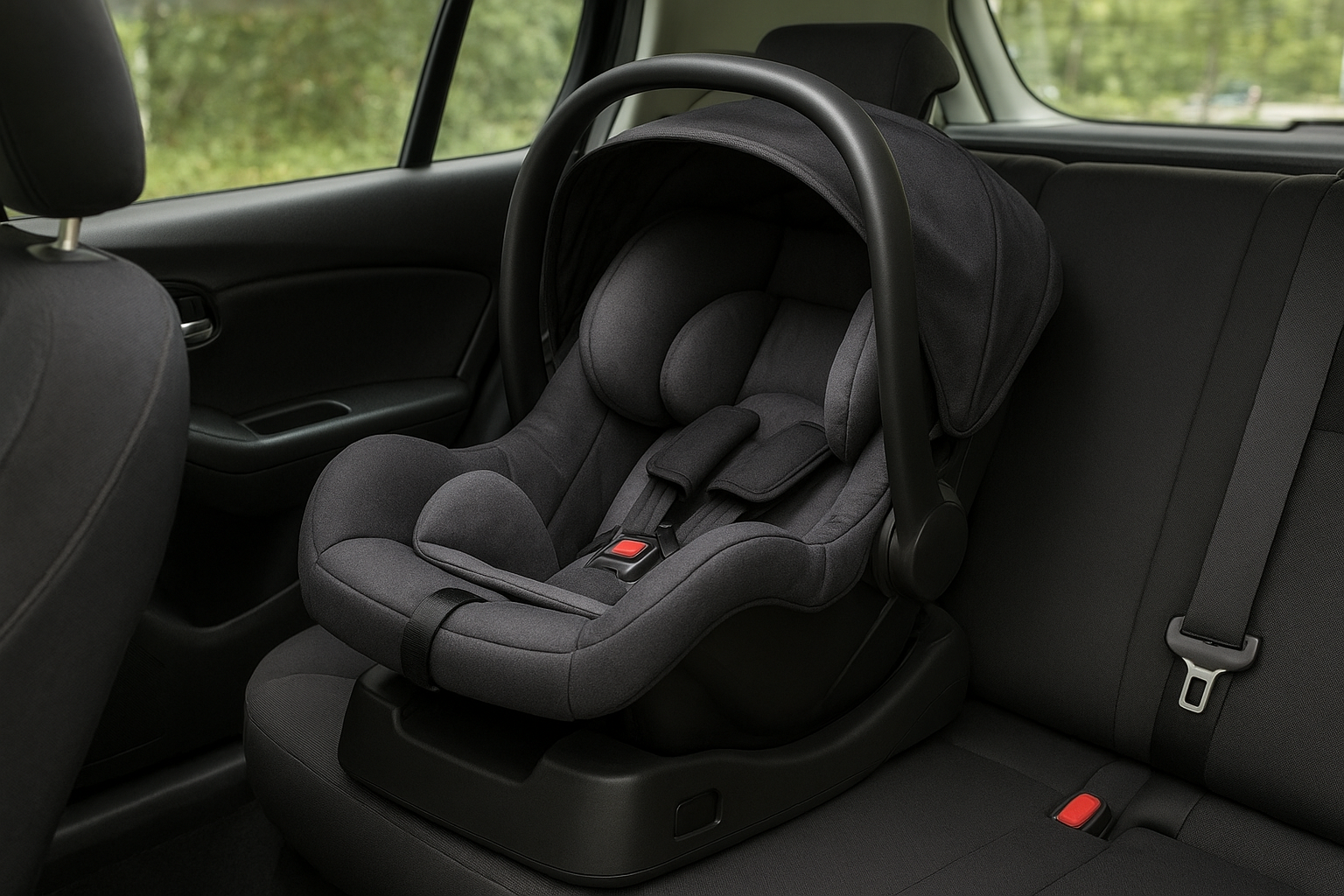Baby car seat installed in the back seat of a car using the ISOFIX system and rear-facing.