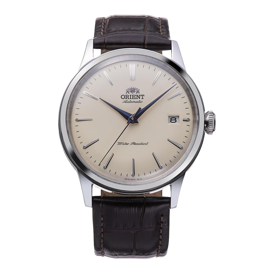Orient Bambino V2 dress watch with cream dial and brown leather strap.