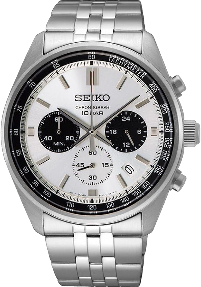 Seiko chronograph with black dial and stainless steel bracelet.